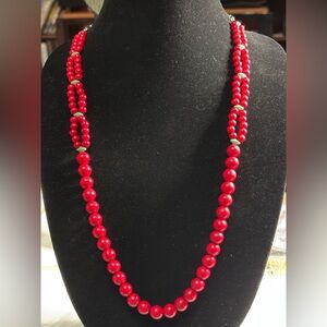Hand crafted necklace red howlite turquoise beads gem duos stainless steel 28 in